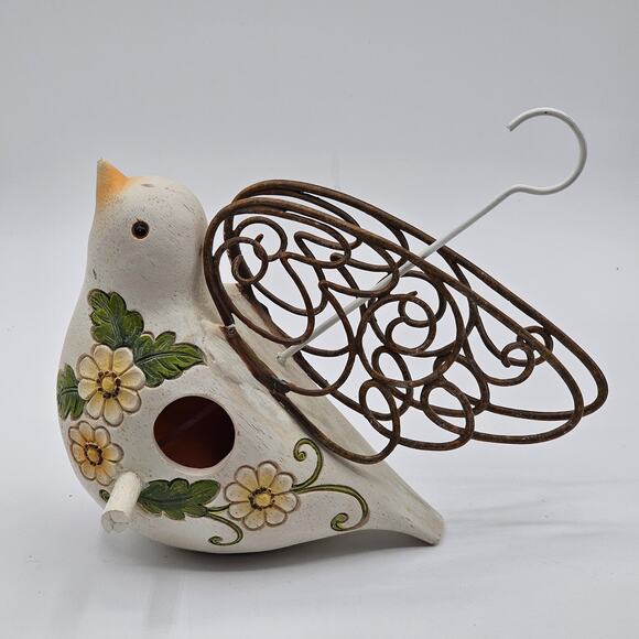 Charming Hanging Bird Shaped Bird House with Floral Accents and Metal Wings 9"L - Picture 10 of 10